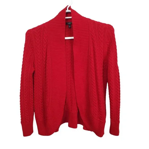 Talbots Petite Sz 1X Cardigan Cable Knit Open Front Lambswool Blend Sweater Cozy - Picture 2 of 11